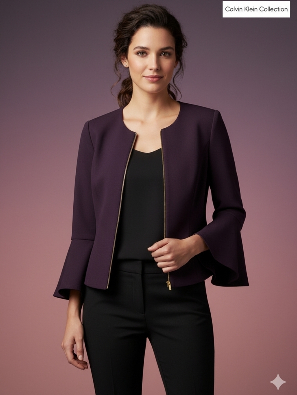 Calvin Klein Women's Collarless Crew Neck Flared Jacket Purple Size 4